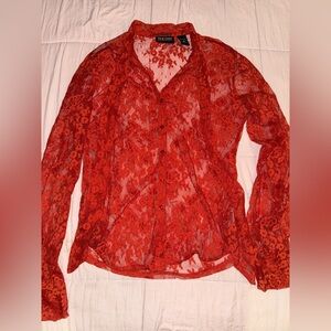 New York & company burnt orange button up lace top with neck tie